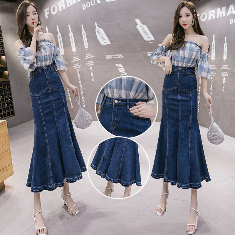 Summer Denim Skirt Women Mermaid Trumpet Long Ruffles Mid-calf Empire High Waist Jeans With Stretchy B02910B 210621