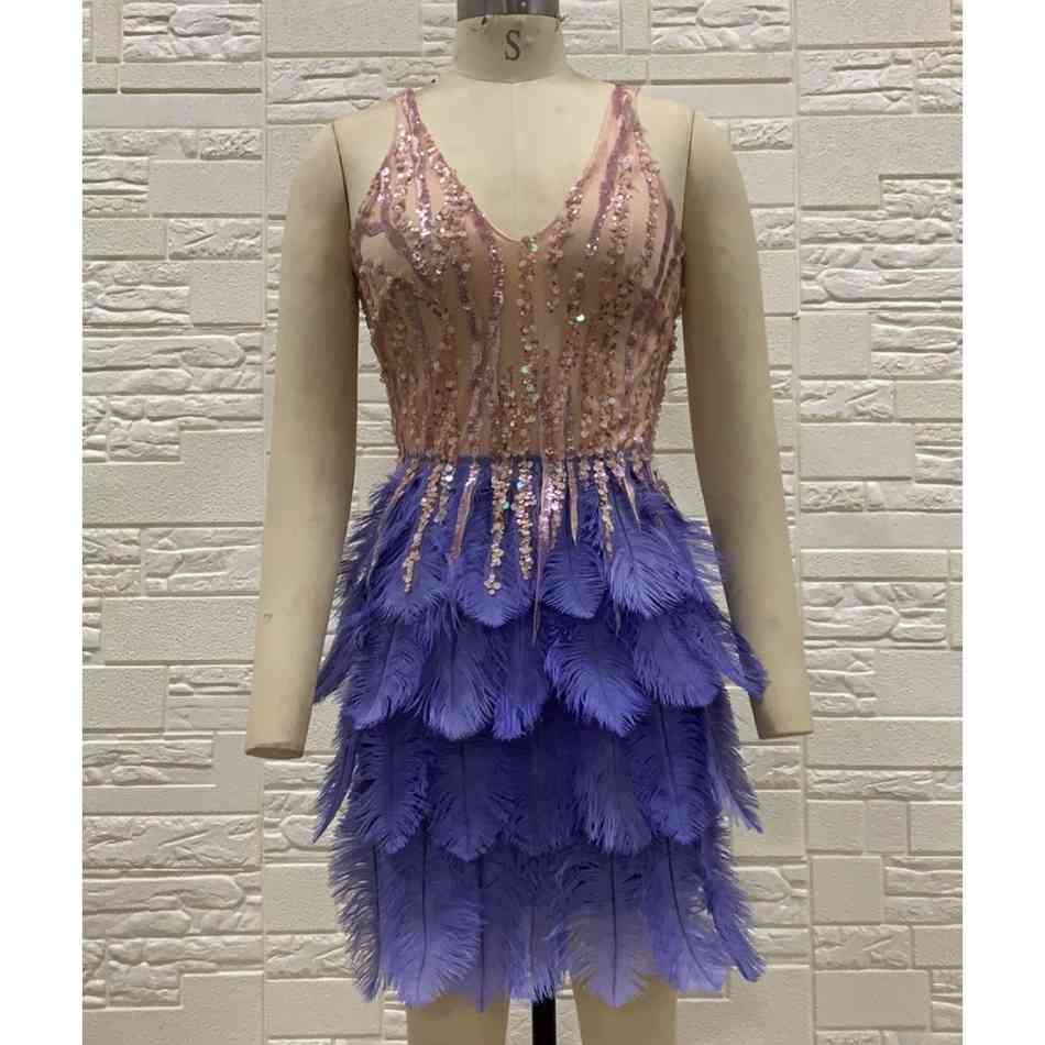 Summer High Quality Purple Mini Sequined Feather V-Neck Fashion Tight Dress Nightclub Party 210525