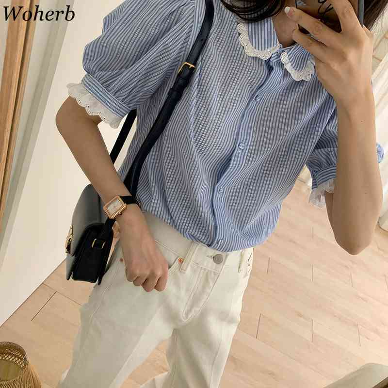 Blusas Striped Lace Tops Women Sweet Kawaii Spring Summer Short Puff Sleeve Blouses Casual All Match Fashion Shirts 210519