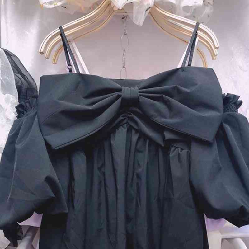 Nomikuma Sweet Bowknot Sling Blouse Shirt Puff Sleeve Strapless Korean Women Tops Summer New Blusas Mujer De Moda 6H365 210427