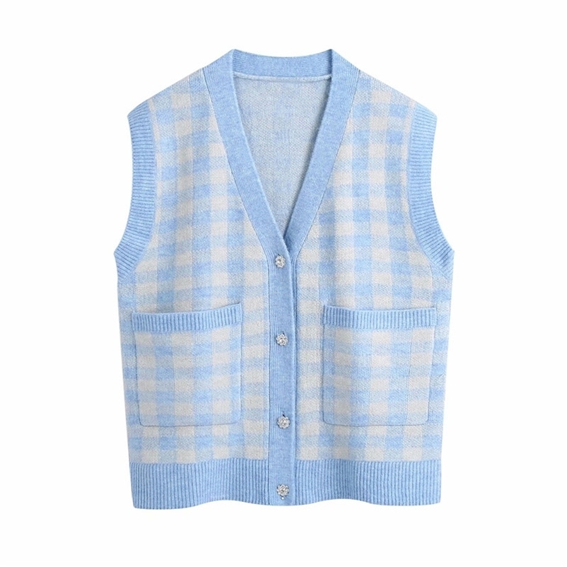 Streetwear Women Blue Plaid Sweater Vest Fashion Ladies V-Neck Knitted Tops Causal Female Chic Pocket Loose Cardigan 210527