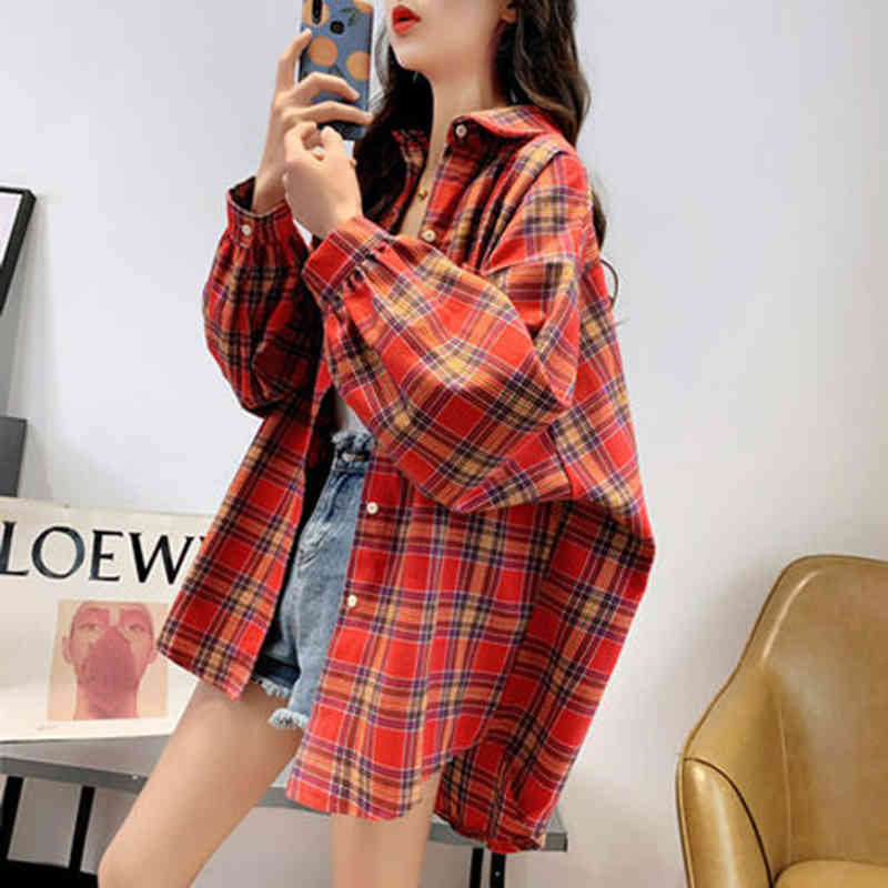 Spring Summer Korea Fashion Women Long Sleeve Turn-down Collar Plaid Shirts Loose Casual Cotton Blouse Femme Blusas S793 210512