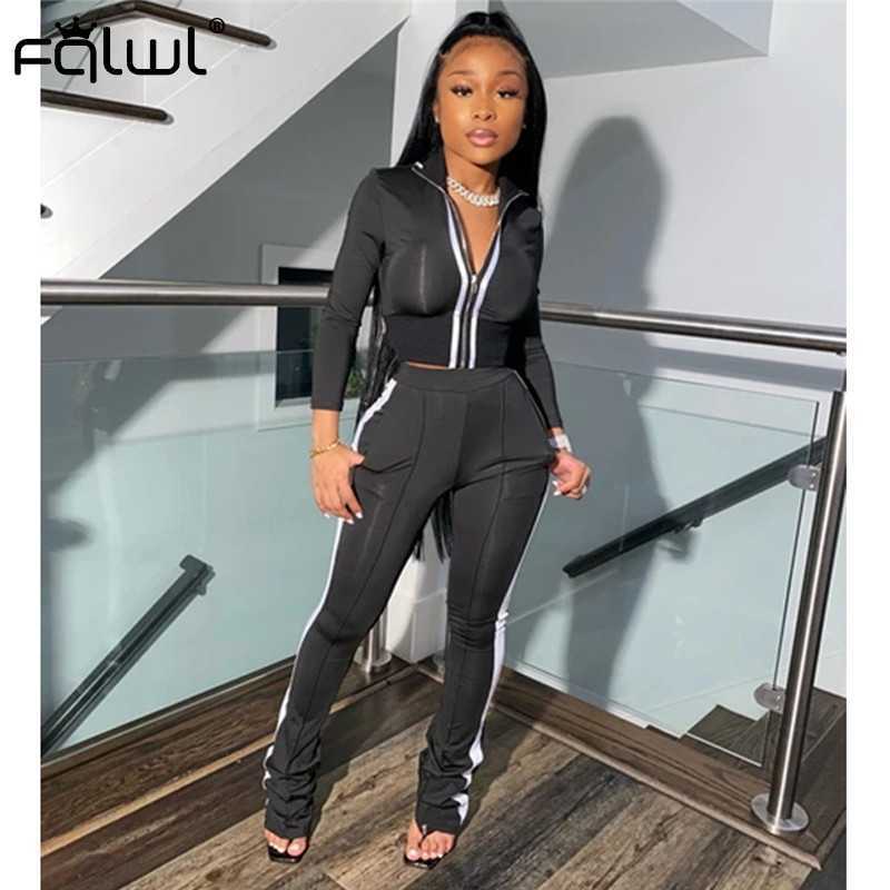 FQLWL Casual 2 Two Piece Set Women Sexy Pink Outfits Crop Top Stacked Pants Leggings Women Matching Sets Ladies Tracksuit Female Y0625