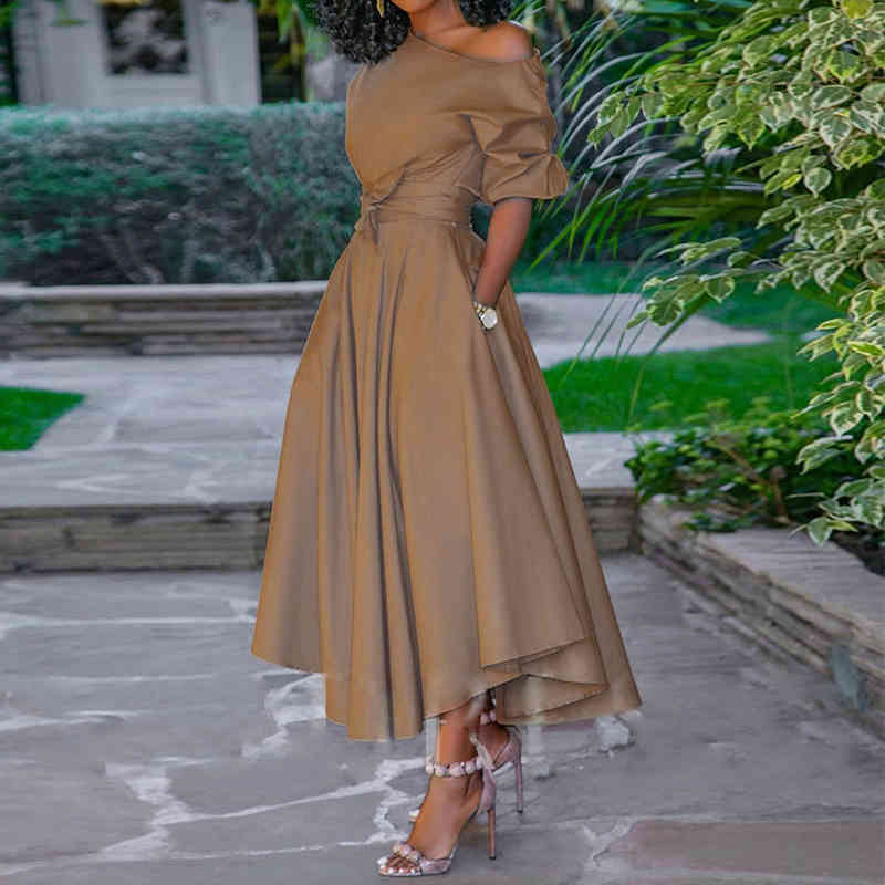 Paris Girl Casual Long Dress Women Summer One Shoulder Sexy Fashion Street Travel High Waist Robe Ladies Big Swing Elegant Day 210524