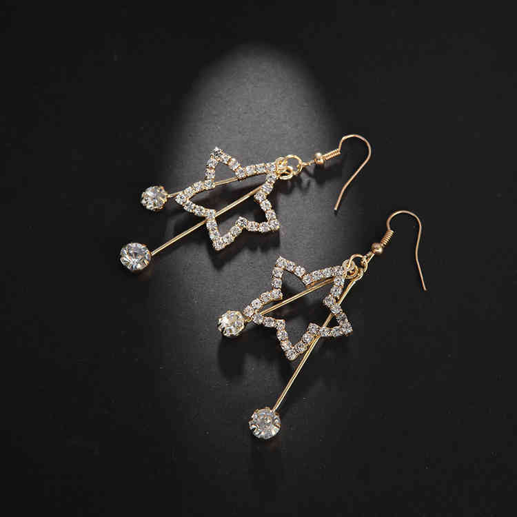 Charms Ear Stud Clip Rings Korean Shining Five Pointed Star Rhinestone Fashion Long Temperament Pendant Exaggerated Water Drop