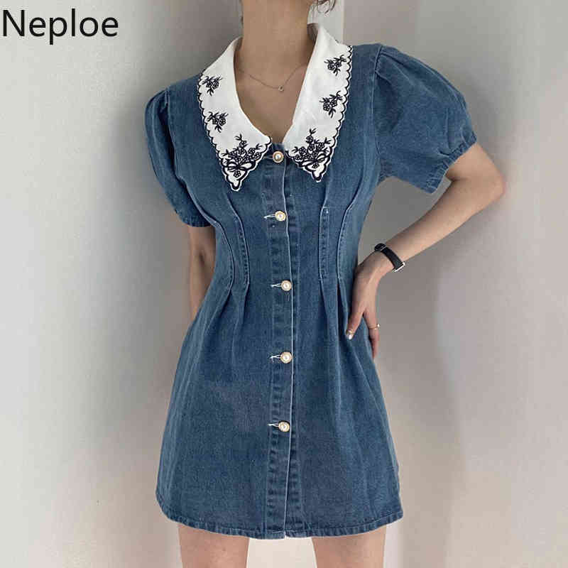Nwploe Mini Denim Dress Women Korean Chic Robe Vintage Embroidery Pleated Dresses Single Breasted Puff Sleeve Jeans Vestidos 210422
