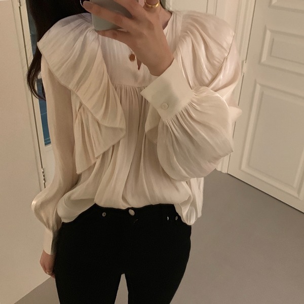 Nomikuma Women Blouse Korean Pleated Ruffle Patchwork Shirt Causal Lantern Long Sleeve V-neck Blusas Ropa De Mujer 6D960 210427