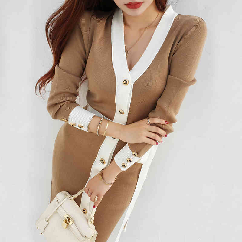Autumn Winter Temperament Women Knitted V-neck Single Breasted Dress Long Color matching Sweater Dresses Female 210506