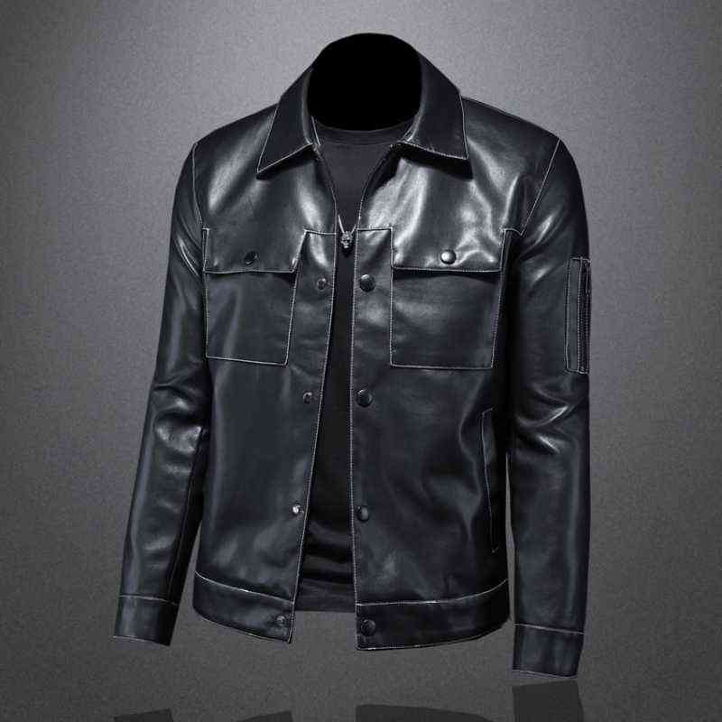 Fall Men's Lapel Multi-Pocket Leather Trendy Motorcycle Leather Jacket Coat British Simple Zipper Slim Casual Male Clothing 211106