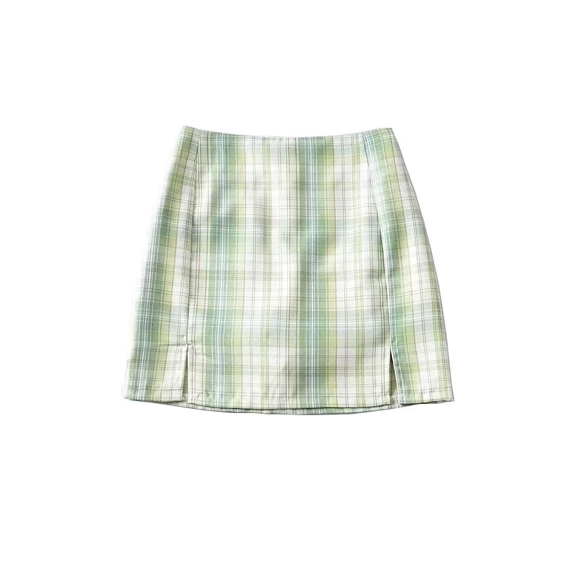 Summer Women Front Split Plaid Mini Skirt with Under Shorts Vintage Double Slit Package Hips Gingham Short Skirts 210429