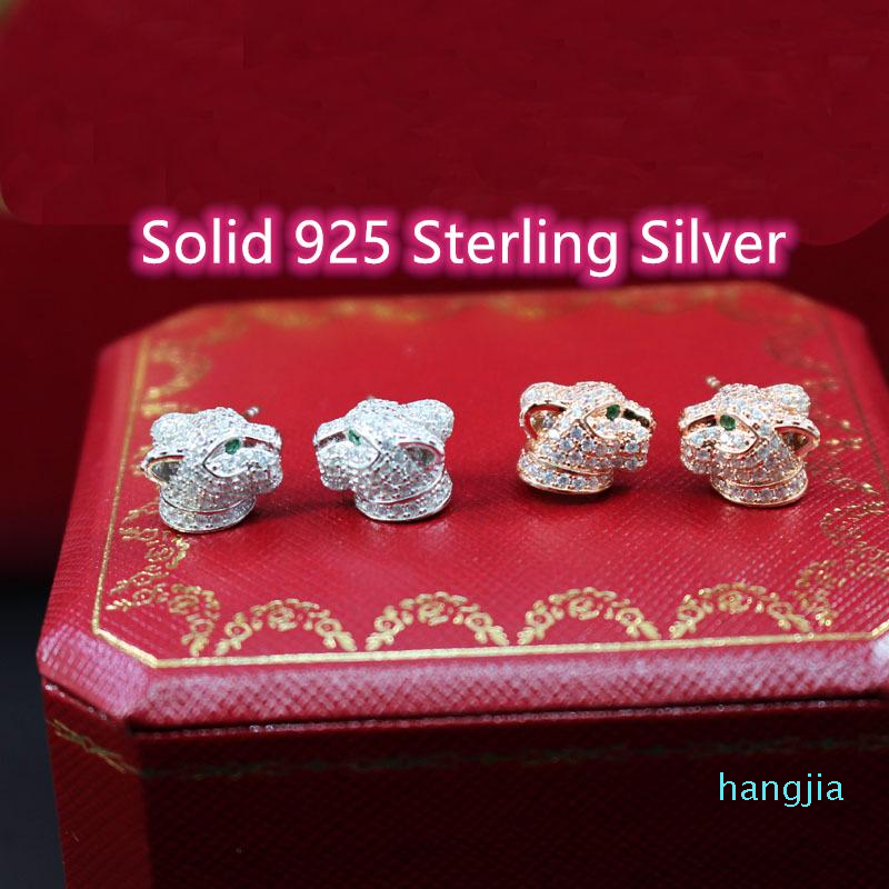 Leopard Head Green Eyes Stud Earring 925 Sterling Silver Full Zircon Beads Panther Women Animal Bridal Jewelry