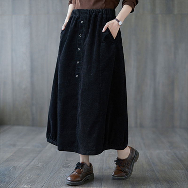 Autumn Winter Arts Style Women Elastic Waist Loose A-line Skirts Cotton Corduroy Casual Long Skirt Plus Size Saia S41 210512