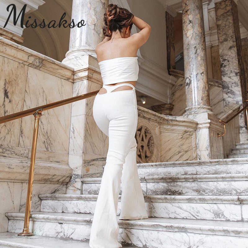 Missakso Hollow Out Flare Pants Y2K Summer Women Black White Sexy High Waist Stretchy Skinny Trousers Streetwear Party 210625wtt