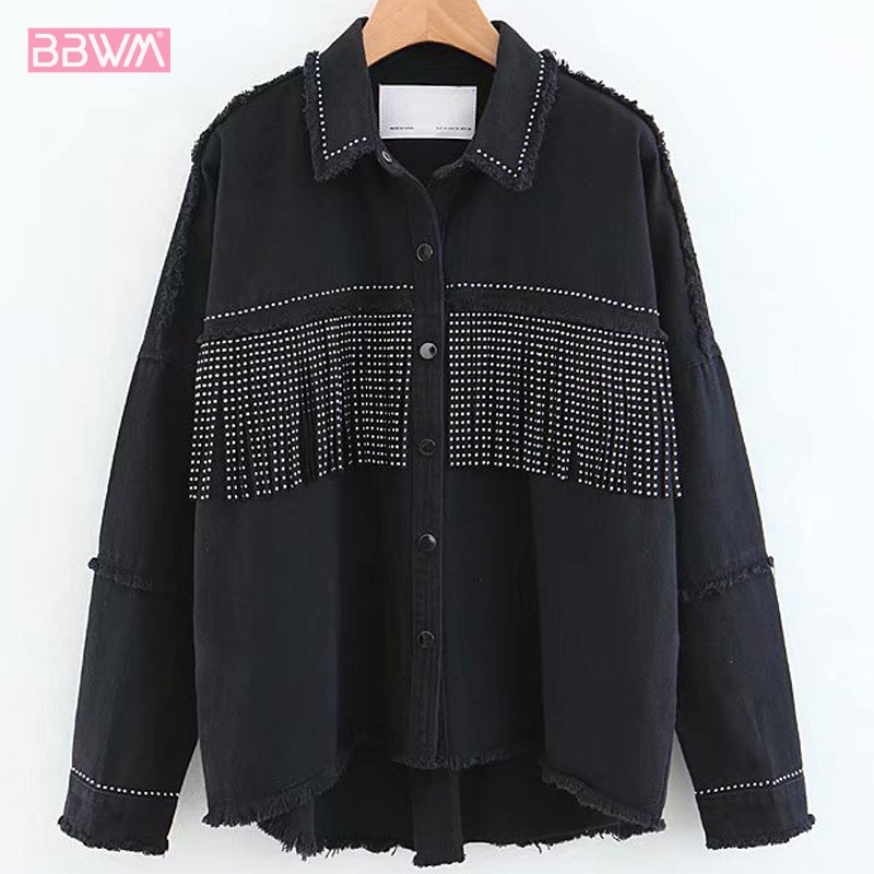 Black Studded Fringed Denim Shirt-style Women's Jacket Simple Large Size Autumn Lapel Long Sleeve Female Coat 210507