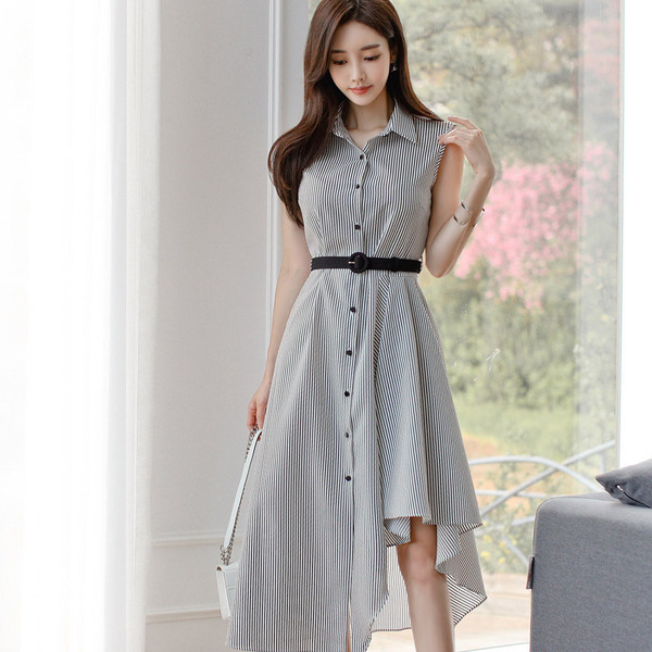 Summer Korea Striped Dresses Sleeveless Belt Single Breasted Irregular Mid-Calf Casual Women's Clothes 210518