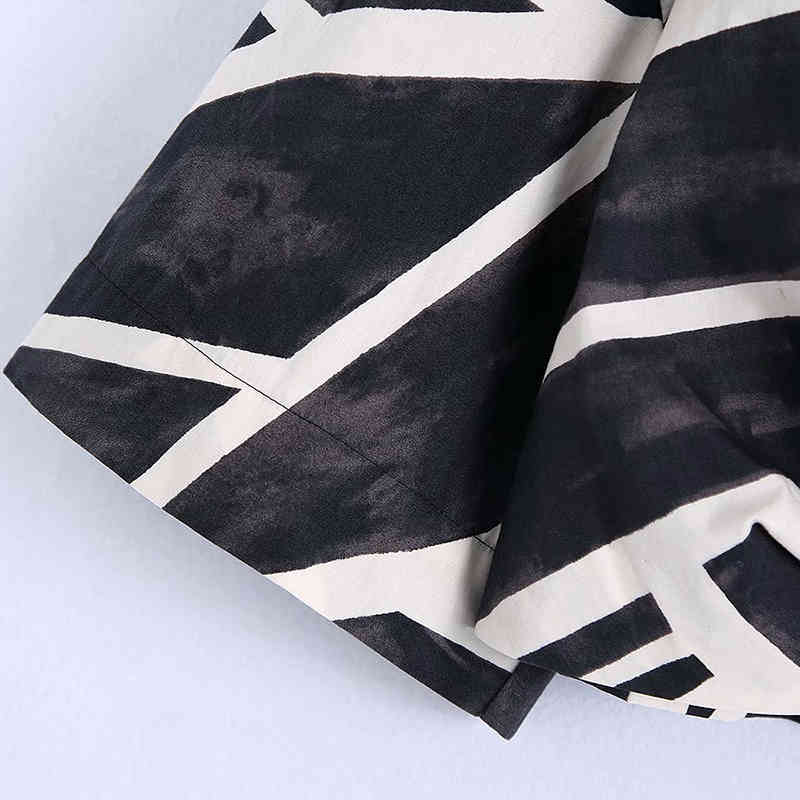 Women Vintage Black White Tie Dyed Printing Hem Knot Short Smock Blouse Female Kimono Shirts Chic Crop Blusas Tops 210521