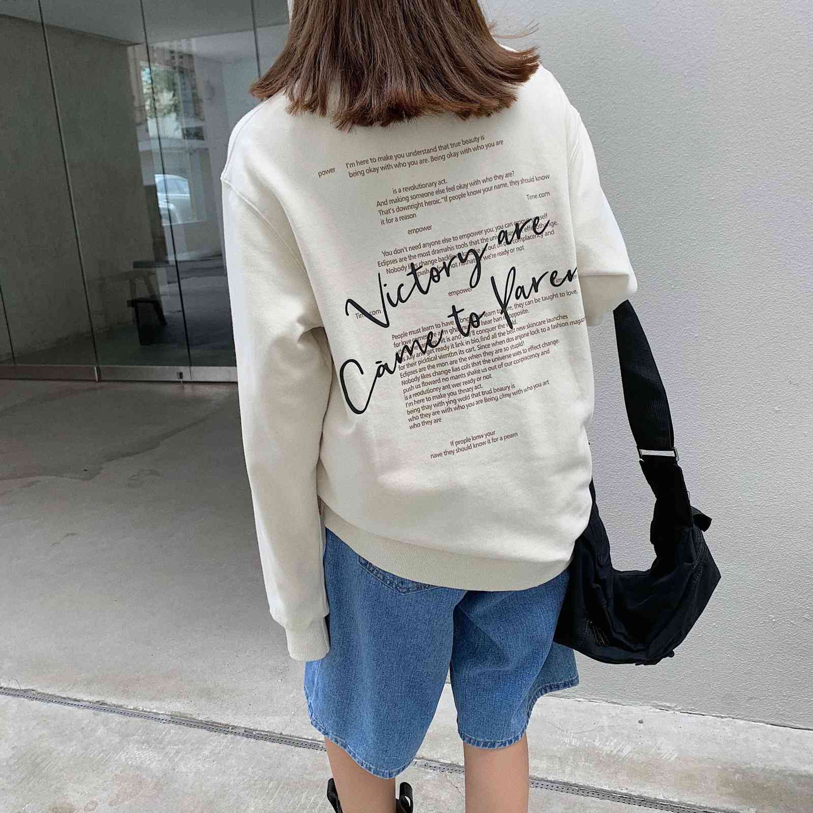 Qooth Woman Pullovers Women's Loose Sweatshirt Letter Print Tops Long Sleeve O-neck Casual Black Pink Green Beige Coat QT417 210518
Qooth Woman Pullovers Women's Loose Sweatshirt Letter Print Tops Long Sleeve O-neck Casual Black Pink Green Beige Coat QT417 210518
