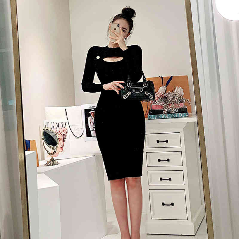 Women Sexy knitting Black Dress Long Sleeve O Neck Hollow Out Knee-Length Party Lady Fashion 210506