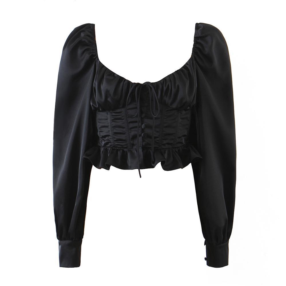 Vintage Long Sleeve Bandage Cross Lacing up Cropped Shirt Women French style Ladies Wood ears Dropped Slim Crop Top Sexy blouses 210429