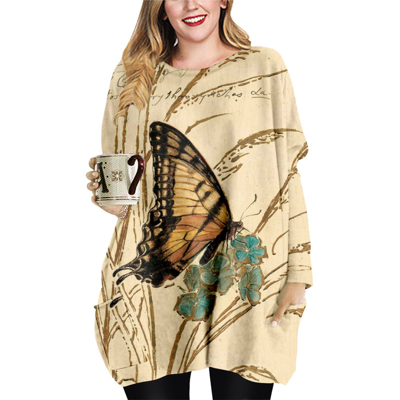Spring and Autumn Flower Butterfly Print Pattern Long Pocket T-shirt XL Female Element Round Neck Dress, Picture5
Spring and Autumn Flower Butterfly Print Pattern Long Pocket T-shirt XL Female Element Round Neck Dress, Picture5