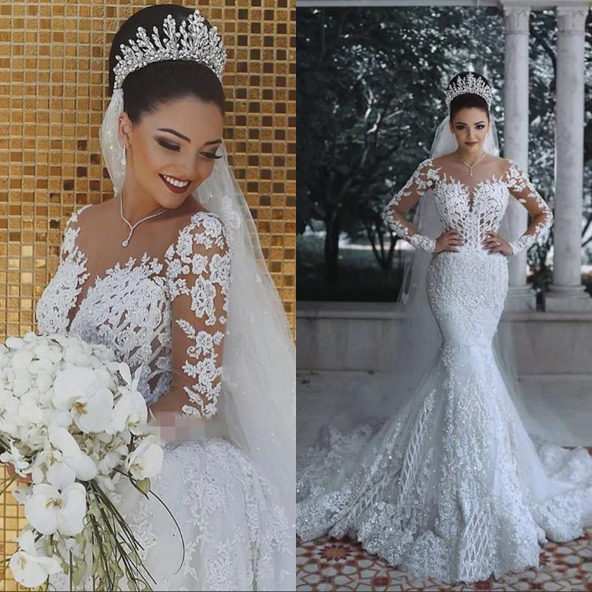 2021 Vintage Mermaid Scoop Wedding Dresses Long Sleeves Applique Lace up Bridal Wedding Gowns Bride Dress