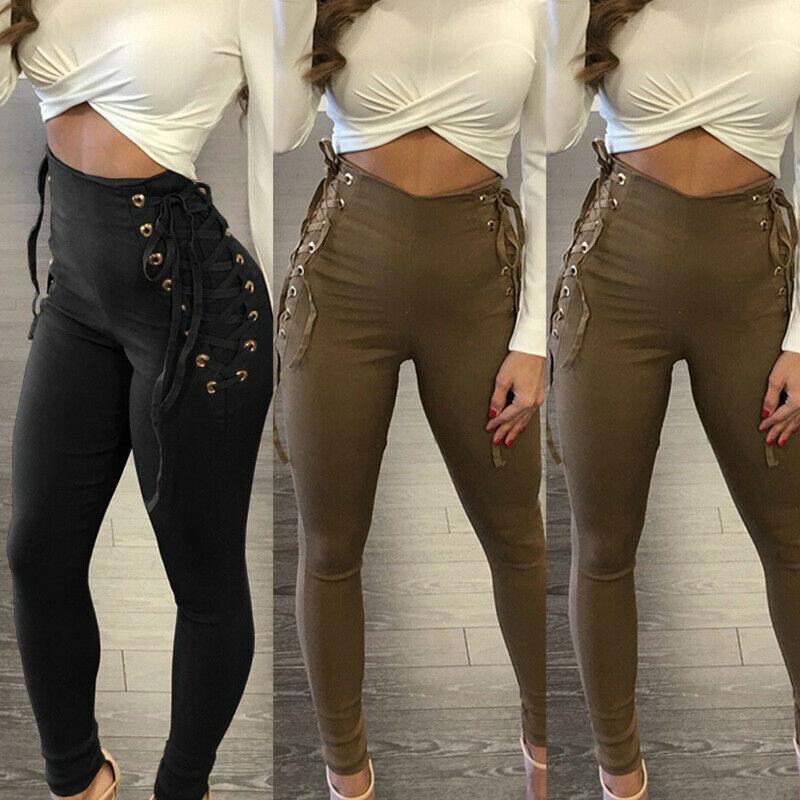 Pants Leggings Trousers Womens Lace Up Skinny Pencil High Waist Bandage Stretch Solid Party Black Women's & Capris