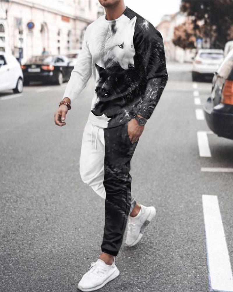 Men's Tracksuits Suit Men Autumn Long-Sleeved Shirt T-shirt Round Neck 3D Printing Fashion Casual Pants Sportswear