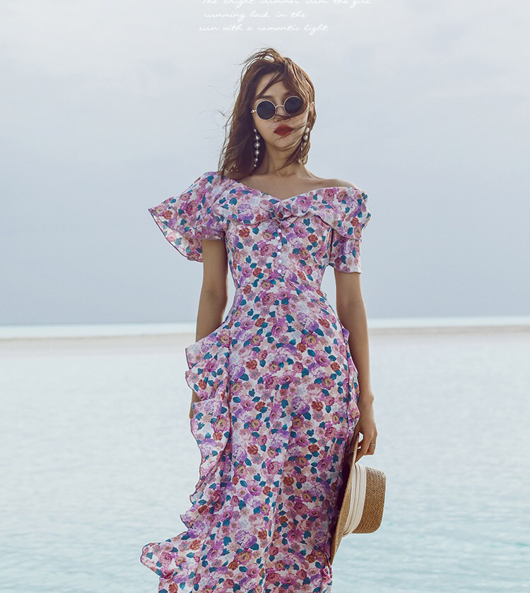 purple ruffles slash neck floral maxi dresses for women holiday resort chic Victorian style vintage roupas femininas rope 210421