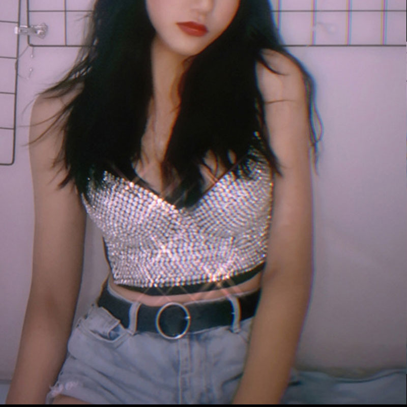 Sexy Rhinestone Crop Top Rave Festival Glitter Bustier Silver Tank Party Night Club Handmade Vest Diamond Bra 210421