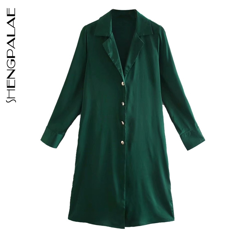 SHENGPLLAE Shirt Dress Women's Spring Turn-down Collar Single Breasted Long Sleeve Satin Solid Color Female Dresses 5A724 210427