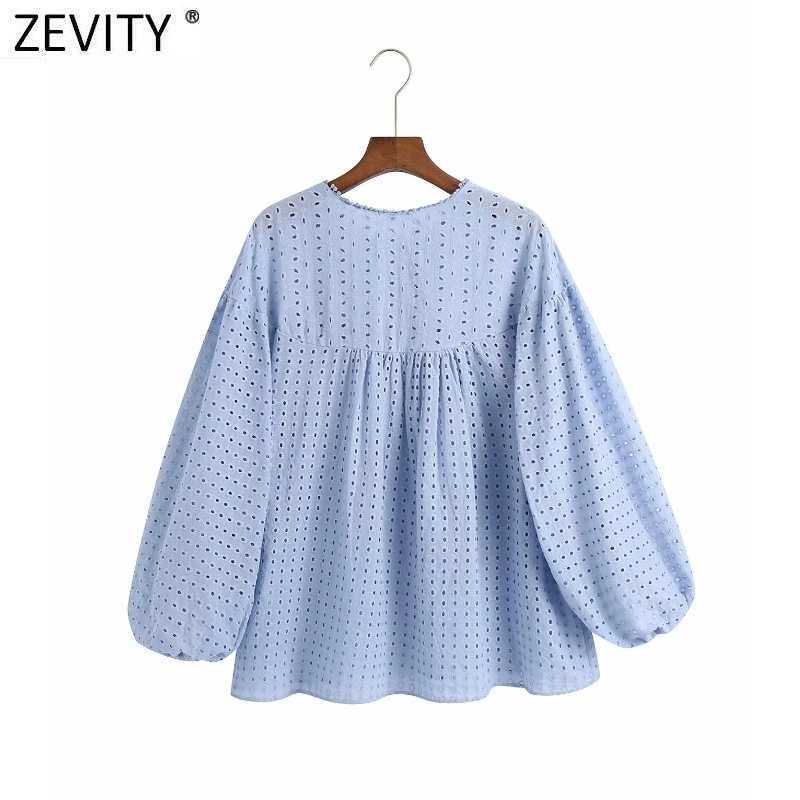 Zevity Women Vintage Hollow Out Embroidery Casual Smock Blouse Female Lantern Sleeve Button Up Shirt Roupas Chic Tops LS9355 210603