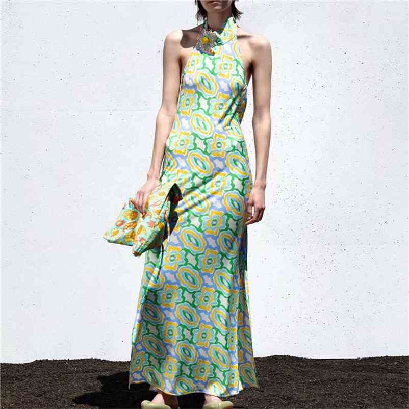 Casual Woman Green Halter Print Long Dress Summer Fashion Ladies Backless Beach es Female Sleeveless Midi 210515