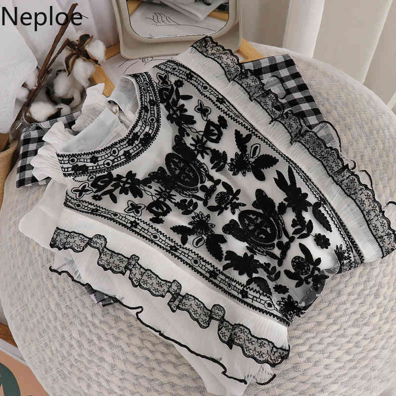 Neploe Lace Heavy Embroidery Blouses Women Spring Clothes Gauze Beading Shirts Stand Neck Patchwork Chiffon Blouse Tops 4H132 210422