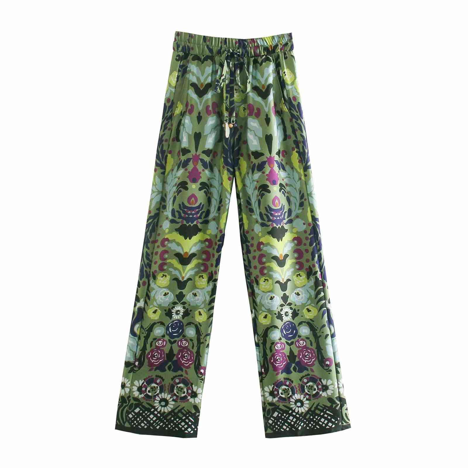 Za Wide Pants for Women Green Print Oversize High Waist Woman Trousers Summer Baggy Suits Streetwear 211115