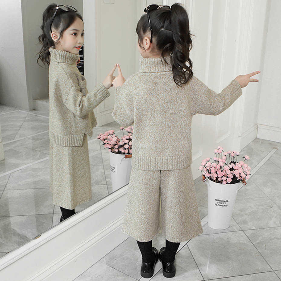 Teenage Children Clothes Sweater + Pants Costume For Girls Thick Warm Girl Knitted Set Autumn Winter Kids Clothing 210528