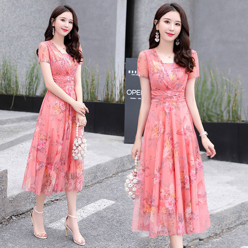 Muyoms Summer 4 Colors Elegant Dress Printed Short Sleeve Zipper Waistband V-neck Mother Chiffon Party Dresses Cocktail Dresses