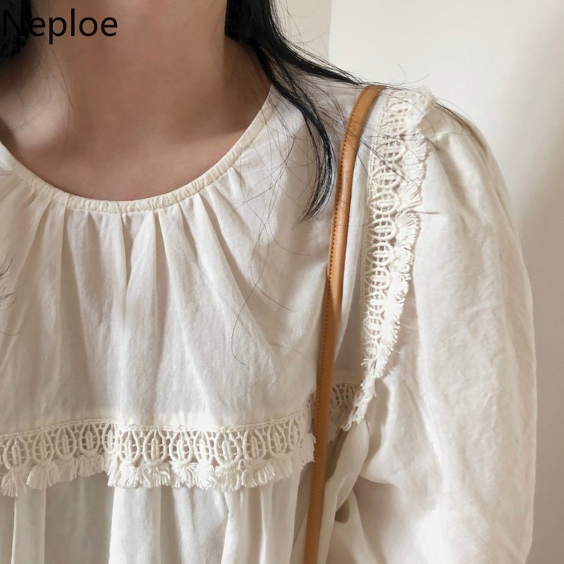 Neploe Korean Chic Blouse Women Lace Patchwork Shirt Female O-neck Lantern Sleeve Blouses Tops Blusas Mujer De Moda 4F991 210422
