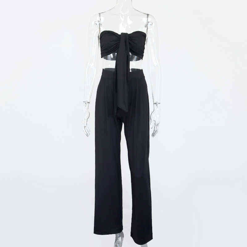 Asia Sexy Two Piece Set Women Sleeveless 2 Layer Bandage Crop Top Vintage Wide Leg Pants Woman Suit Autumn Party Outfits 211105