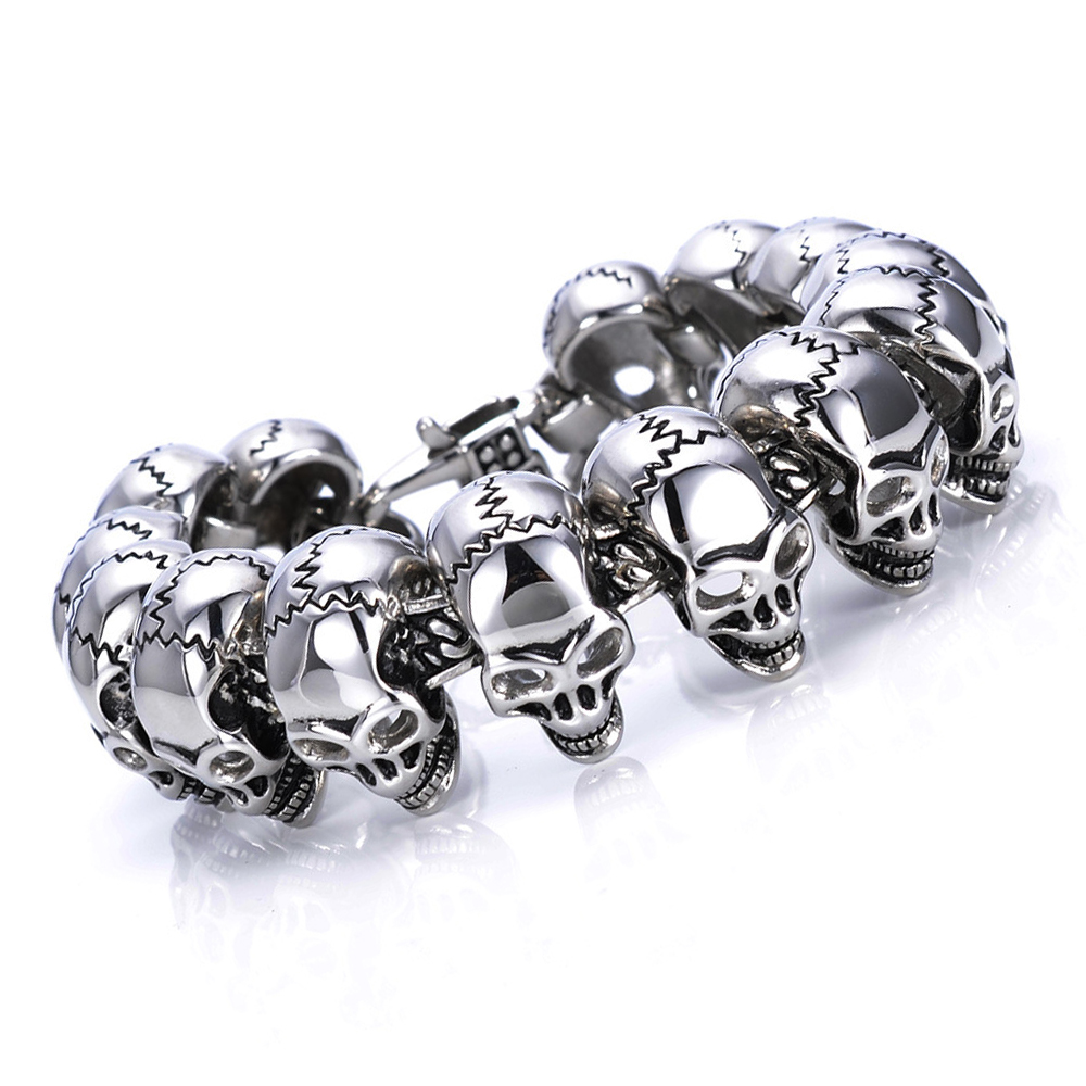 Large Heavy Mens Stainless Steel Skull Link Bracelet Biker Gothic Silver Color High Polished 8.5 Inches