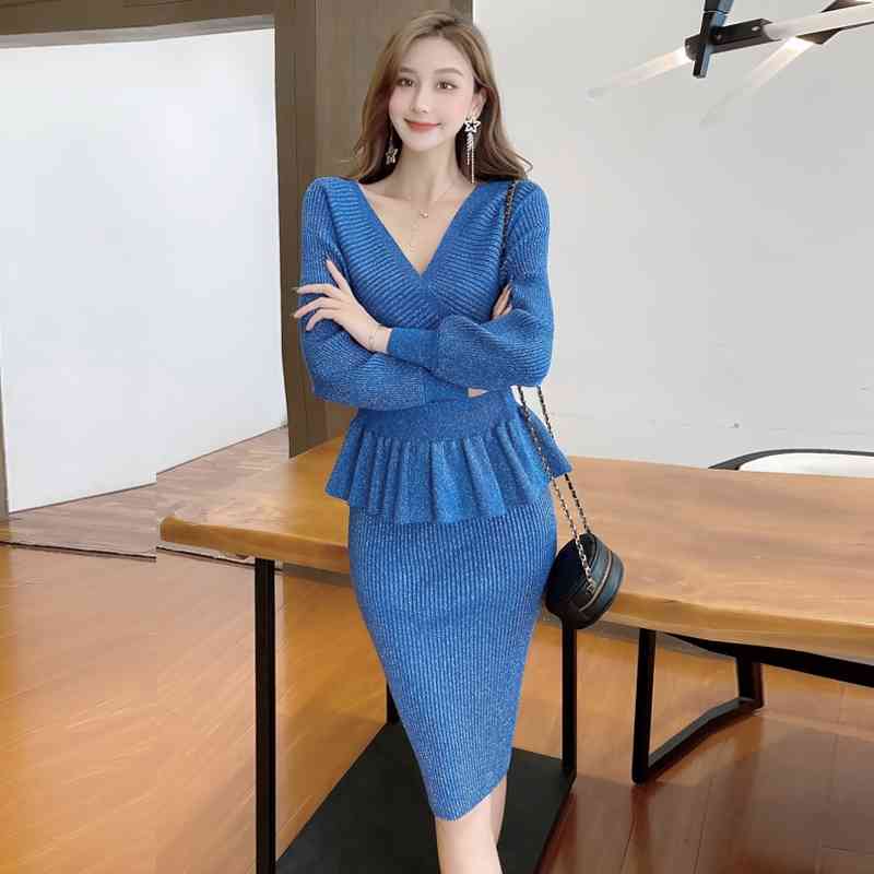 Women's high waist bright silk knit bag hip skirt two-piece fashion V-neck sweater bat sleeve two-piece Women's Sets GD123 210708