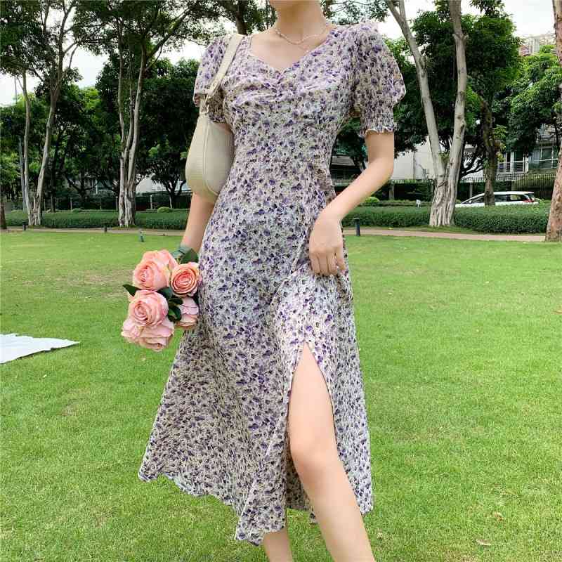 Summer Sexy V-Neck Puff Sleeve Flower Print Chiffon Dress Bodycon Women Chic Slim Waist Split Midi Dresses Vestidos 210518