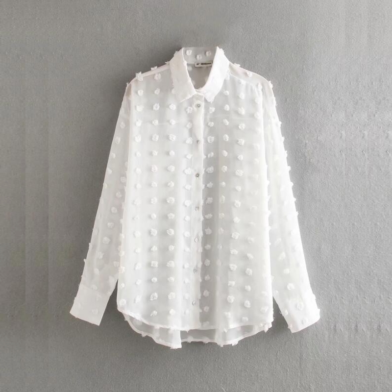 Dot Flocking Chiffon Women Long Sleeve Shirt Casual Female White Blouse Loose Tops Blusas Mujer S5781 210430