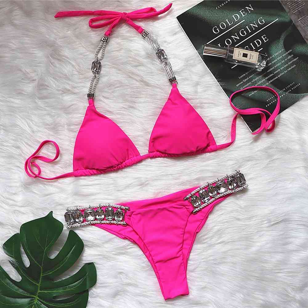 Crystal Diamond Bikini Women Sexy Swimwear Halter Push Up Swimsuit Female Two Pieces Set Bathing Suit 210521