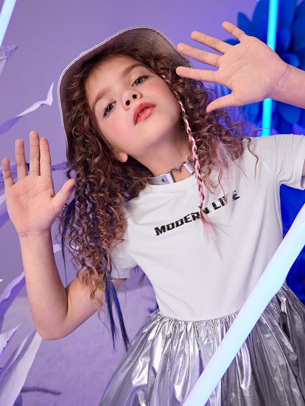 Girls Slogan Graphic Metallic Dress SHE