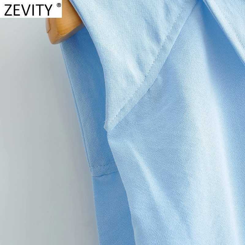 Zevity Women Simply Breasted Solid Color Sleeveless Vest Shirt Office Ladies Pocket Blouse Roupas Chic Chemise Tops LS9278 210603