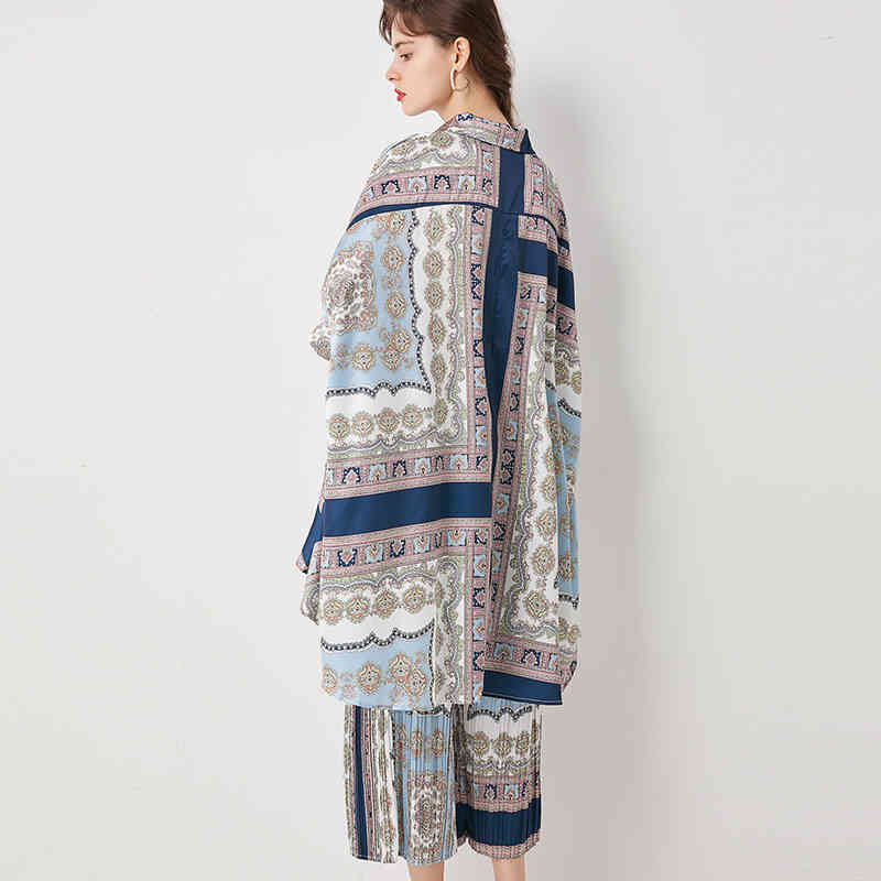 VKBN Spring Summer Two Piece Set Top and Pants Plus Size Batwing Sleeve Elastic Wais Print Straight Trousers Suit 210507