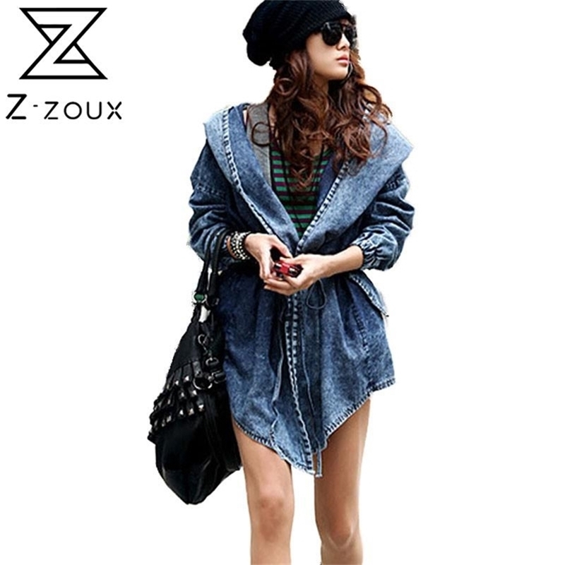 Women Trench Coat Denim Windbreaker Hooded Drawstring Jean Loose Long Fashion Overcoat Autumn 210513
