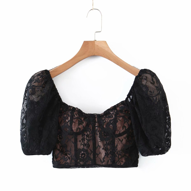 Sexy Woman Lace Strapless Slim Short Tops Spring Fashion Ladies Backless Top Female Elegant Puff Sleeve T-Shirt 210515