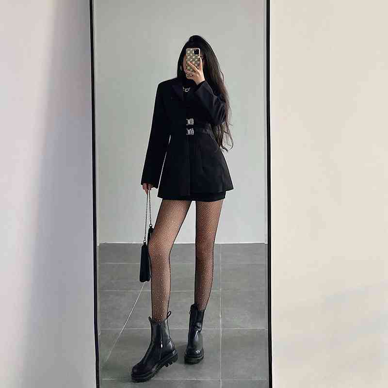 WOMENGAGA Winter School Bag Buckle High Waist Belt Show Slim Long Suit Coat Blazers Sexy Womens Tops NH1F 210603