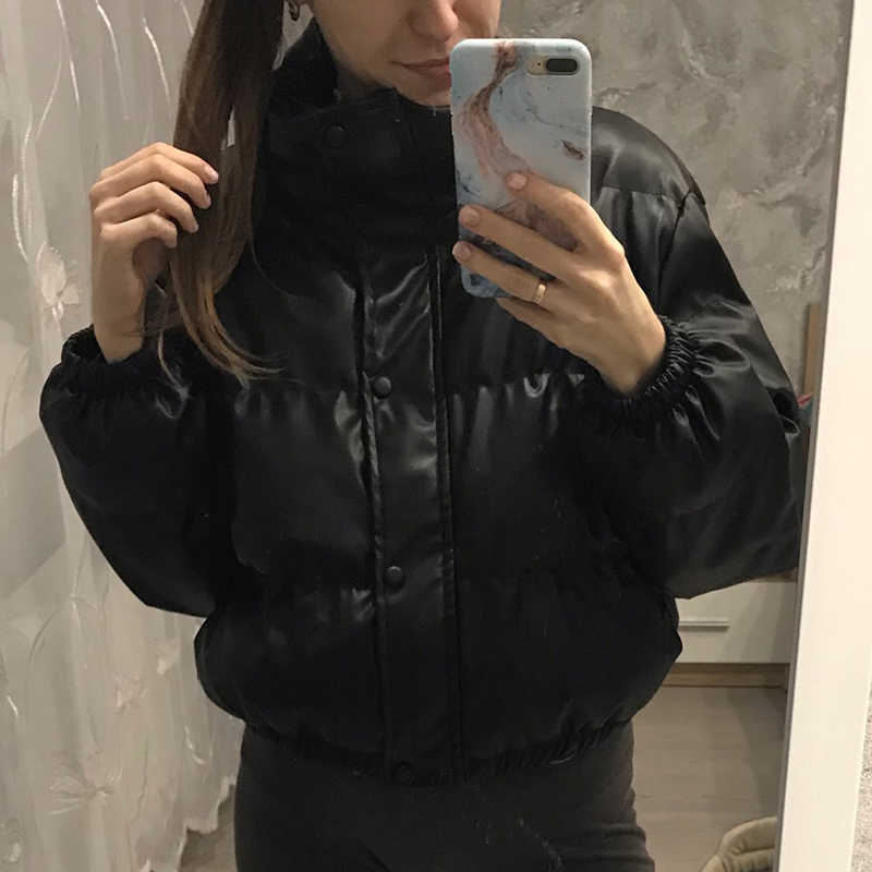 Ailegogo Winter Thick Warm Short Parkas Women Fashion Black PU Leather Coats Ladies Elegant Zipper Cotton Jackets Female Ouwear 211011